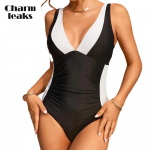 Charmleaks Sexy V kaelusega Splice Solor &uuml;hes t&uuml;kis naiste ujumisriided, topeltrihmad Monkini XL must
