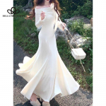 Prantsuse stiilis &otilde;lgadeta pikkade varrukatega k&otilde;rgekvaliteediline kleit &uuml;hev&auml;rviline elegantne puusa kalasaba pahkluuni ulatuv kleit L valge