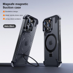 Vastupidav alumiiniumsulamist metallist &auml;&auml;risteta &uuml;mbris iPhone 15 Plus 14 13 Pro Max jaoks kriimustuskindel p&otilde;rutuskindel PC nahkkate koos kronsteiniga iPhone 13 pro must