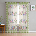 Suvised ruudulised id&uuml;llilised lilled L&auml;bipaistvad aknakardinad elutuppa K&ouml;&ouml;k Lastele Magamistoa Voile Rippkardin 135W x 114H(cm)