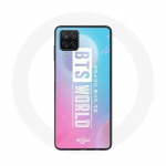 Samsung Galaxy A12 Bangtan Boysi logoga BTS WORLD videom&auml;ngu &uuml;mbris sinine roosa taust