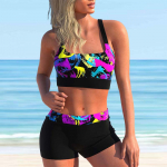 Naiste &otilde;lapaeltega ujumistrikoo v&auml;rvilise &otilde;lipritsmega bikiinidega l&uuml;hike ujumistrikoo S must