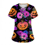 Suures suuruses tr&uuml;kitud Scrub t&ouml;&ouml;vormi topid Naistele V-kaelusega Halloweeni tr&uuml;kiga l&uuml;hikeste varrukatega l&otilde;busad T-s&auml;rgid taskutega t&ouml;&ouml;riiete T-s&auml;rk L must