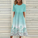 Naiste vabaajakleidid Tr&uuml;kitud kleidid Suvekleidid Tr&uuml;kitud plisseeritud O-kaelusega kleidid L sinine