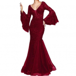 Naiste &otilde;htukleit V kaelusega l&auml;bipaistva pitsitikandiga, laieneva varrukaga A-line ballileit XXL punane