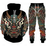 Jaapani Samurai Oni Maski T&auml;toveeringu Kunst 3D Prindiga Treening&uuml;likonna Komplektid Vabaaja Kapuutsiga Dressipluus + P&uuml;ksid 2tk Komplektid Moodne Mees Naine Harajuku Streetwear S