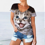 3D Funny Cats Prindiga T-s&auml;rgid Naistele V-kaelusega l&uuml;hikeste varrukatega vabaaja mood Kawaii Graphics T-s&auml;rk Suur naiste t&uuml;drukute riided S