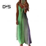 Naiste spagetirihmaga gradientsed pikad kleidid, suvised vabaaja kleidid V-kaelusega lendlevad maksikleit avara rannap&auml;ikese kleit M roheline