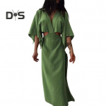 Naiste V-kaelusega maksikleit Seksikas v&auml;ljal&otilde;igetega l&uuml;hikeste varrukatega kehakontuure j&auml;rgiv l&otilde;ik, l&otilde;hikuga Suvine puuvillasegust linane pikk kleit rannapuhkuseks S