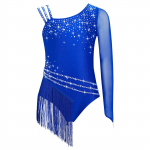Girls Glittery Rhinestone Fringe Leotard Bodysuit with Irregular Tassels for Ice Skating Dance Competitions 7-8 Years sinine