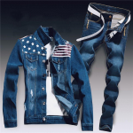 Kevadine meeste teksariidest kaheosaline komplekt Hole Ripped Slim Fit jakk Teksakomplektid Meeste vabaaja Vintage Ropa Hombre Kot&uuml;&uuml;mid T&auml;navar&otilde;ivad S
