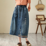 s&uuml;gisene vintage tikandiga rebenenud teksaseelik elastse v&ouml;&ouml;kohaga, slim fit A-l&otilde;ikeline seelik, keskmise pikkusega naiste seelik S sinine