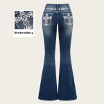 GLYDE Jeans Laiad P&uuml;ksid Naistele Vintage Boot Cut Tikand Taskud Kivid Pestaud Naiste Kulutatud Teksap&uuml;ksid P&uuml;ksid Streetwear S sinine