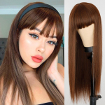 XINRAN Fashion pikkade sirgete juustega parukas koos Bangs Wine Red s&uuml;nteetilisest kiust parukas naistele igap&auml;evaseks kandmiseks