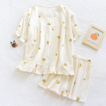 Uus suvine naiste pidžaama l&uuml;hikeste varrukatega l&uuml;hikesed p&uuml;ksid kaheosaline komplekt 100% puuvillane krepp &uuml;likond naistele armsad v&auml;rsked koduriided pluss suuruses M kollane/sidrun