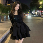 Must kook minikleit naistele vintage disain kandiline krae pikkade varrukatega l&uuml;hikesed kleidid Korea mood Kpop s&uuml;gis S must