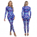 Naiste Merineitsi Cosplay Fish Scale Print Jumpsuit pikkade varrukatega tagasi t&otilde;mblukuga Full Body Rompers Bodysuit ujumistrikoo M tumesinine v&auml;rv