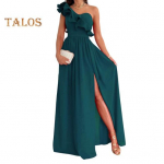 Naiste &otilde;htukleit &uuml;he &otilde;laga volangidega, plisseeritud k&otilde;rge v&ouml;&ouml;kohaga, &uuml;hev&auml;rviline varrukateta A-kujuline suur &auml;&auml;ris ballile m&otilde;eldud kokteilipeokleit S roheline