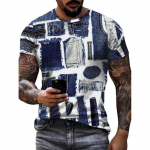 Meeste vintage T-s&auml;rk Patchwork Denim Graphic Tee 3D Printing L&uuml;hikeste varrukatega Vabaaja T-s&auml;rk &Uuml;lisuured meeste r&otilde;ivad Suvised topid 3XL