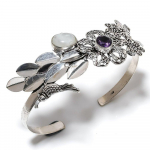 Rainbow Moonstone, Amethyst Gemstone 925 Sterling Silver Cuff Bangle Adj. c6m38