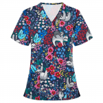 Naiste l&uuml;hikeste varrukatega V-kaelusega koomiksimustriga topid T&ouml;&ouml;vormi T-s&auml;rgid L sinine