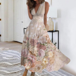 Naiste pikk kleit Maxi kleit vabaaja kleit Suvine vabaaja varrukateta V-kaelusega Boho v&ouml;&ouml;koha tagasit&otilde;mbega kleit tr&uuml;kiga XXXL roheline