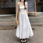 Prantsuse ruudukujuline kaelusega p&auml;itsetega kleit naiste suvestiilis Advanced Sense v&ouml;&ouml;kohaga plisseeritud varrukateta pikk kleit S valge