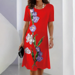 Lady Fashion pikad kleidid Meeldiva kaelusega vabaaja vaba elegantne 3D lilledega tr&uuml;kitud l&uuml;hikeste varrukatega keskmise pikkusega seelikud suveks ja s&uuml;giseks 3XL