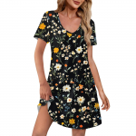 Naiste mood vabaaja tr&uuml;kitud taskutega Bohemian Beach V-kaelusega l&uuml;hikeste varrukatega kleidid L beež