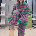 Suured suurused 2XL-5XL S&uuml;gis/Talv Triibuline Puuvillane Dressipluus ja Sirge L&otilde;ikega P&uuml;ksid Kaheosaline Komplekt 3XL