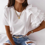 Moodne volangidega l&uuml;hikeste varrukatega valge T-s&auml;rk Naiste Elegantne soliidne vabaaja T-s&auml;rgid Naine Slim Fit &Uuml;markaelusega T-s&auml;rgid Topid Naiste riided 24041 2XL