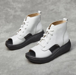 Suvised ehtsast nahast sandaalid lehmanahast paks tald avatud varba platvormkingad tasased augud naiste Rooma jahedad saapad C286 36 valge