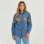 S&uuml;gisene Retro Denimm&uuml;tsis&auml;rk ja Moodne Metsiku Hobuse Prindiga Denimjakk S sinine