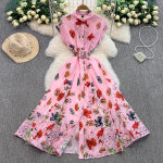 Retro Sle Lilleline Tr&uuml;kk Allap&ouml;&ouml;ratud Krae Naiste Suvine Naiste Kleit &Uuml;he N&ouml;&ouml;biga Salendav A-l&otilde;ikeline Pikk &Scaron;ifoonkleit L roosa