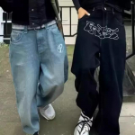 RogueWave Streetwear Y2K Hip Hop Retro Sinised Laiad Teksap&uuml;ksid Harajuku Teksap&uuml;ksid K&otilde;rge V&ouml;&ouml;koht Laiad Tikitud Kirjadega P&uuml;ksid S must
