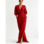 Naiste V-kaelusega Wrap Maxi Kleit Batwing Pikkade Varrukatega V&ouml;&ouml;kohast Keeratud Kortsutatud L&otilde;hikuga &Auml;&auml;risega K&uuml;ljetaskutega Elegantne Satiinise Tundega &Otilde;htukleit M red