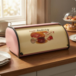 Retro leivakast Pagari&auml;ri tr&uuml;kiga Kaheosaline kaas Must viimistlus Punased t&auml;hed Pink Print