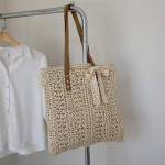 Yogodlns Bohemian Ribbon Straw kott Naiste suvine kootud rotangist kandekott Suure mahutavusega reisirannakott rotangist k&auml;sitsi valmistatud k&auml;ekotid 38x2x40cm beež