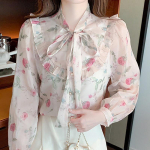 Pikkade varrukatega volangidega Bow Collar Print Sifoonpluus-s&auml;rk Naiste topid J193 S