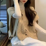 S&uuml;gisvillane kootud naiste kardigan Vest T&auml;navar&otilde;ivad Pehme kaelusega varrukateta kampsun Naiste soliidsed Korea vintage kardiganid 28277 One Size aprikoosi