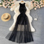 Seksikas litriga lapiline v&otilde;rgust p&auml;itsetega kleit &Scaron;ikk Elegantne &otilde;htupeokleit Luksuslik r&uuml;&uuml; Naiste k&otilde;rge v&ouml;&ouml;kohaga &otilde;huke pidulik kleit S must