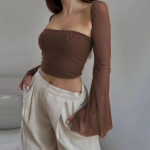 Fashion Olkaimeton Sexy Crop Pluus Kaheosaline komplekt Slim Tube Top pikkade varrukatega T-s&auml;rk Naiste vabaaja riietus Kontoris&auml;rgid Naiste T-s&auml;rgid Riided 8264Y-25 S pruun