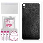 apgo Protective Skin Sticker for the back compatible with Sony Xperia E5, Wrap Film, Foil, Vinyl - Pattern Black Leather