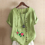 Naiste mood, &uuml;mara kaelusega l&uuml;hikeste varrukatega T-s&auml;rk vabaaja puuvillane linane graafiline s&auml;rk vaba aja veetmiseks lahtiste lilledega prinditud suvised pluusid S roosa