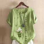 Naiste mood, &uuml;mara kaelusega l&uuml;hikeste varrukatega T-s&auml;rk vabaaja puuvillane linane graafiline s&auml;rk vaba aja veetmiseks lahtiste lilledega prinditud suvised pluusid S roosa