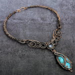 Natural Tibetan Turquoise, Moonstone Copper Wire Wrap Jewelry Necklace 18 l1v71