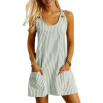 Suvine naiste p&auml;ikesekleit O kaela Triibuline Print Varrukateta Taskud Lahtiste n&ouml;&ouml;pidega Dekoratsioon Igap&auml;evane riietus Minikleit Tutvumisleht Puhkuse l&uuml;hike kleit M armee roheline v&auml;rv