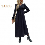 Kevads&uuml;gisene naiskleit V-kaelusega puhas must k&otilde;rge v&ouml;&ouml;kohaga, pikad puhvis varrukad, n&ouml;&ouml;biga Dekoratsioon poolitatud &auml;&auml;ris A-jooniga t&ouml;&ouml;lk&auml;imine tutvumiseks Midi-kleit S must