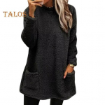 Naiste kahe taskuga talvine dressipluus Pure Color Plush &uuml;mara kaelusega l&otilde;dva keskmise pikkusega sviiter, vabaaja t&scaron;&auml;rk kontoris peotreeninguteks M