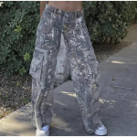 Vintage teksad Y2K Street Zipper Denim p&uuml;ksid Trendikas lahtised Flip Multi Pocket Cargo p&uuml;ksid madala v&ouml;&ouml;kohaga kamuflaažiga teksap&uuml;ksid S kamuflaaž